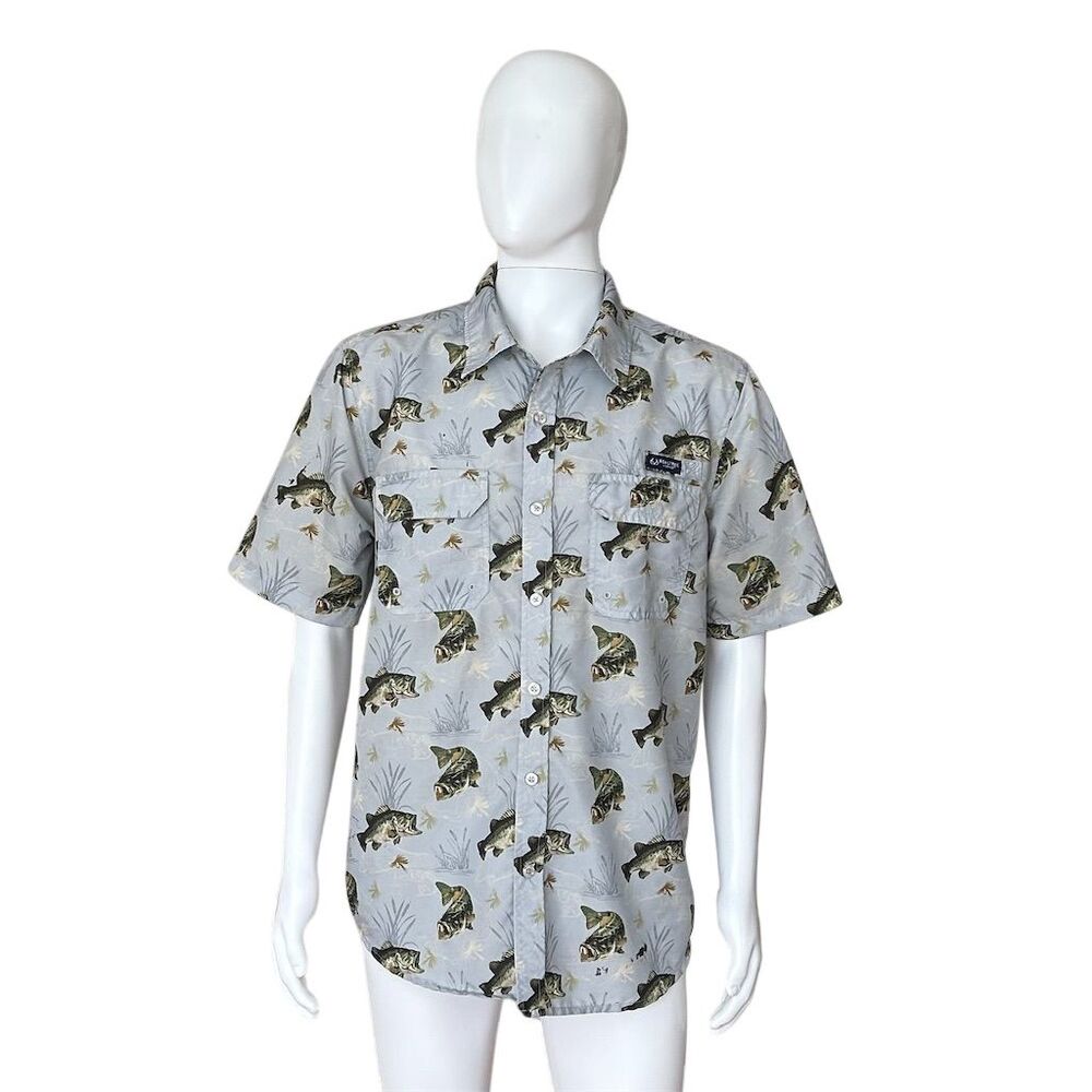Realtree Fishing Men's Gray Fish Print Button-Up Shirt Size L